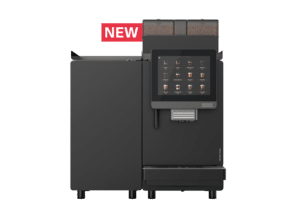 Franke A600 bean to cup coffee machine in Onyx with 10.4 inch touchscreen and milk cooling unit, front view