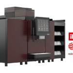 Franke A800 coffee machine in Mahogany with add-on module and cup warmer, alongside iF Design Award and Red Dot 2026 logos