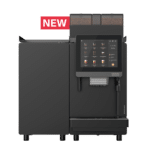 Franke A800 bean to cup coffee machine in Onyx with 10.4 inch touchscreen and milk cooling unit, front view