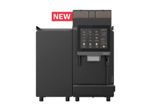 Franke A800 bean to cup coffee machine in Onyx with 10.4 inch touchscreen and milk cooling unit, front view
