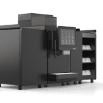 Franke A800 in Onyx with milk cooling unit and three-shelf cup warmer, side view