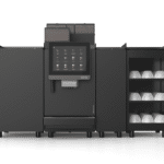 Franke A800 in Onyx flanked by milk cooling unit, add-on module and cup warmer, front view
