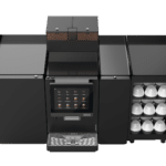 Franke A800 from above showing twin bean hoppers, touchscreen, drip tray and cup warmer